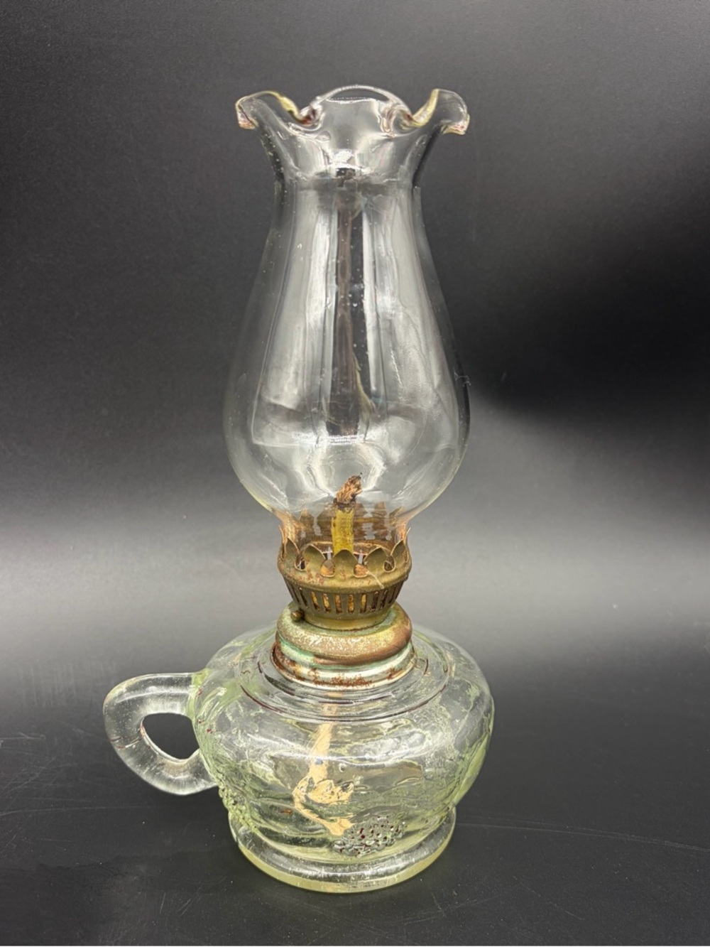 Vintage Miniature Small Clear Glass Oil Lamp 8” Tall Fruit Design Hong Kong